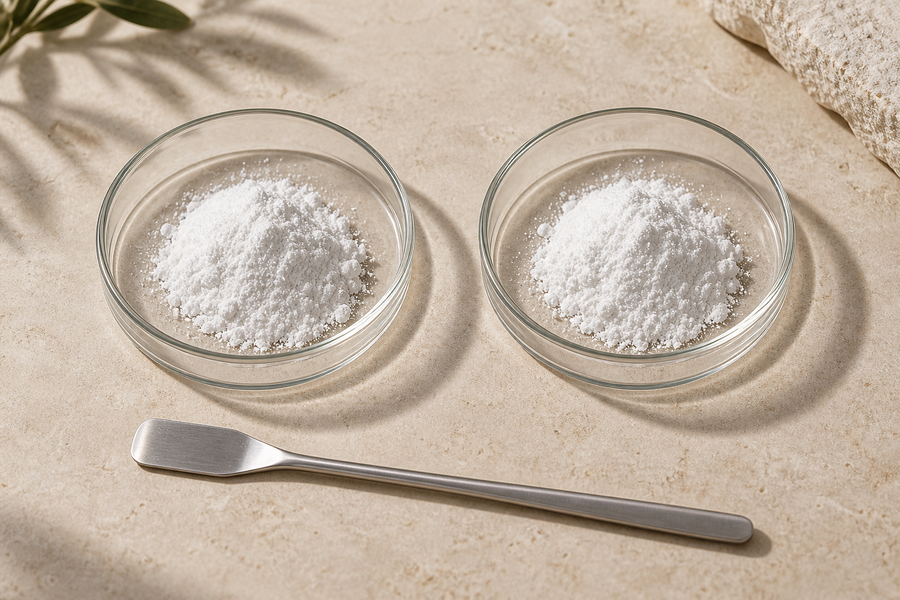 Editorial still life: two equal samples of white powder in glass dishes