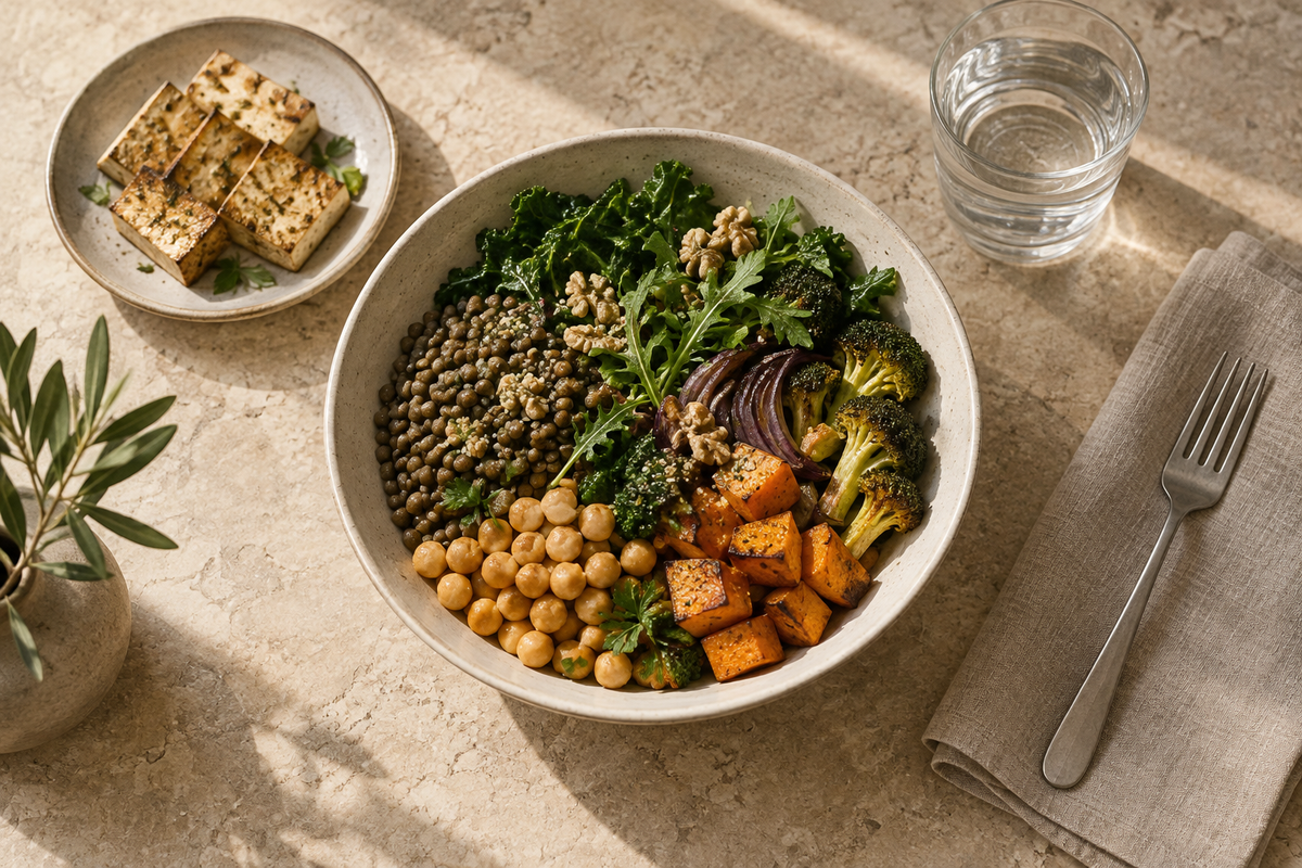 A vegetarian meal with lentils, chickpeas, vegetables, walnuts and tofu