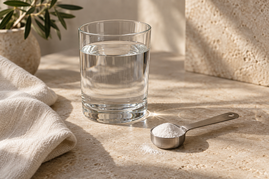 A glass of water and a measured spoonful of white powder on limestone