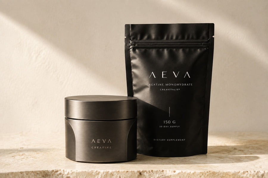 AEVA creatine jar and refill pouch displayed together
