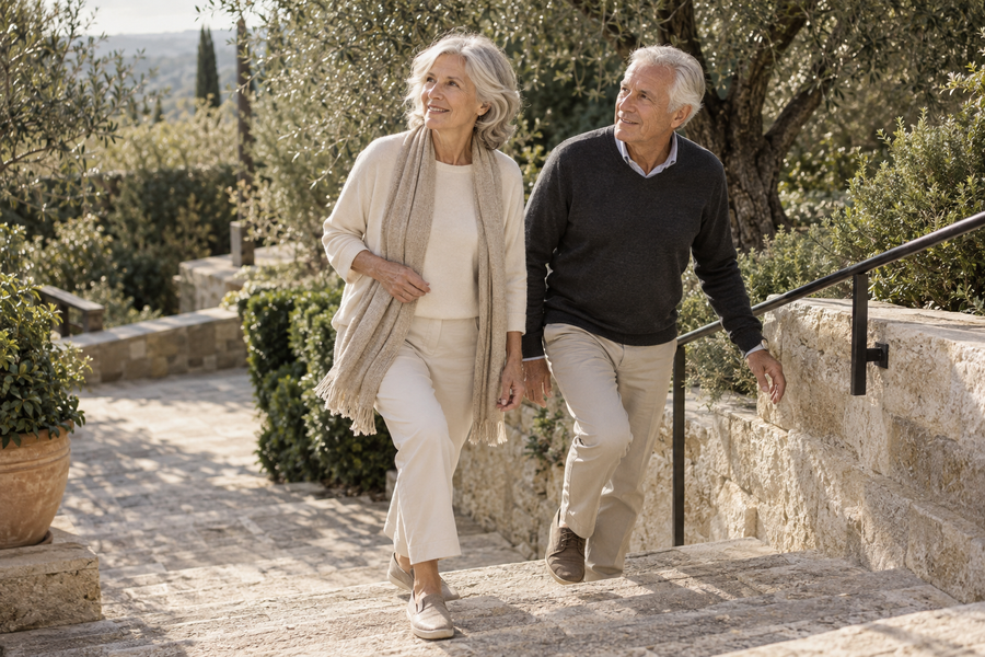 Editorial illustration: an older couple walking up garden steps together