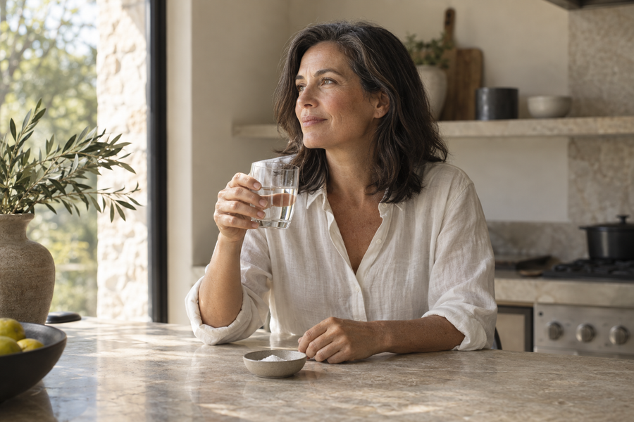 Editorial illustration: a woman in midlife holding a glass of water at home