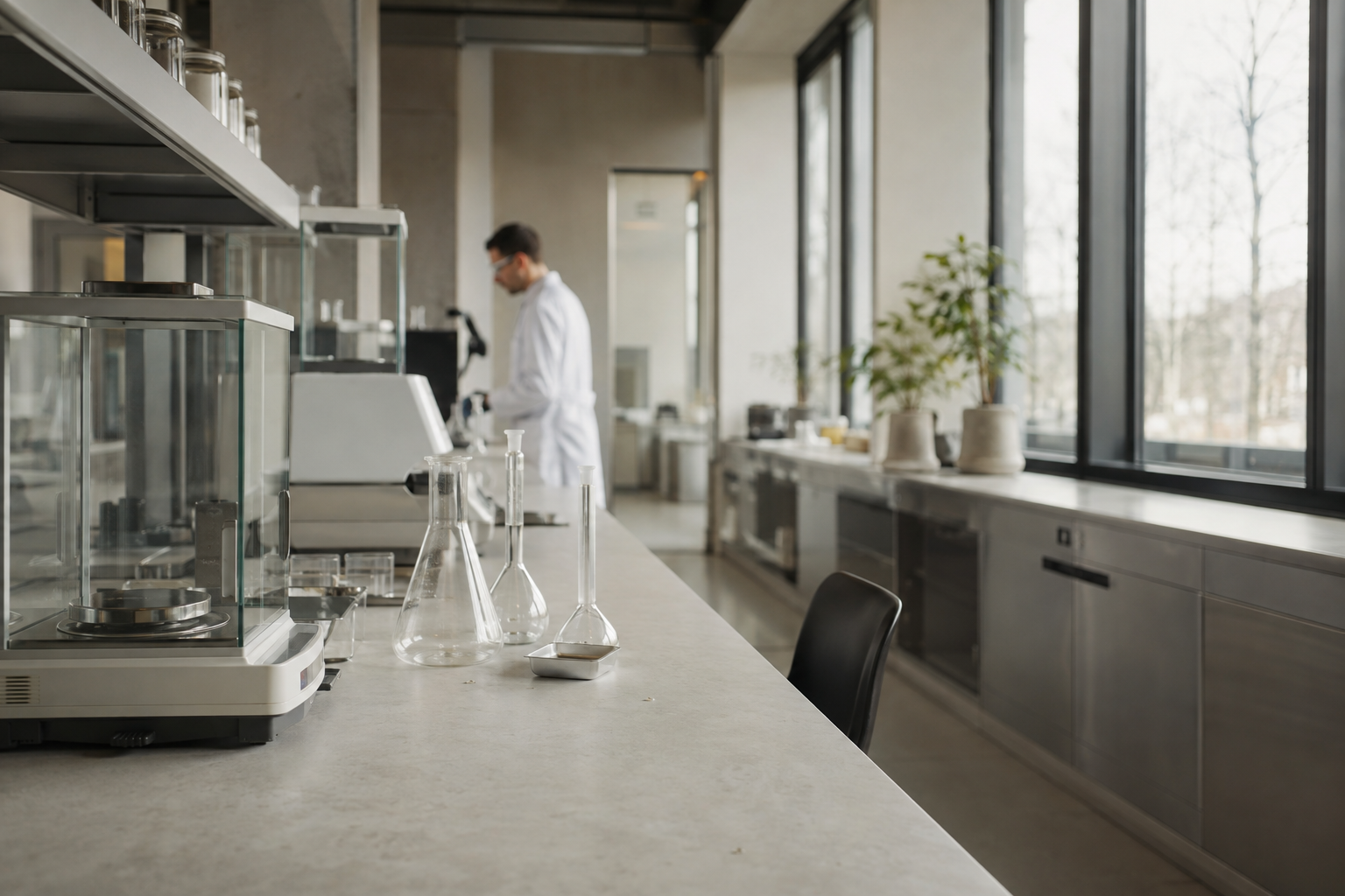 Illustrative laboratory scene with precision instruments and natural daylight